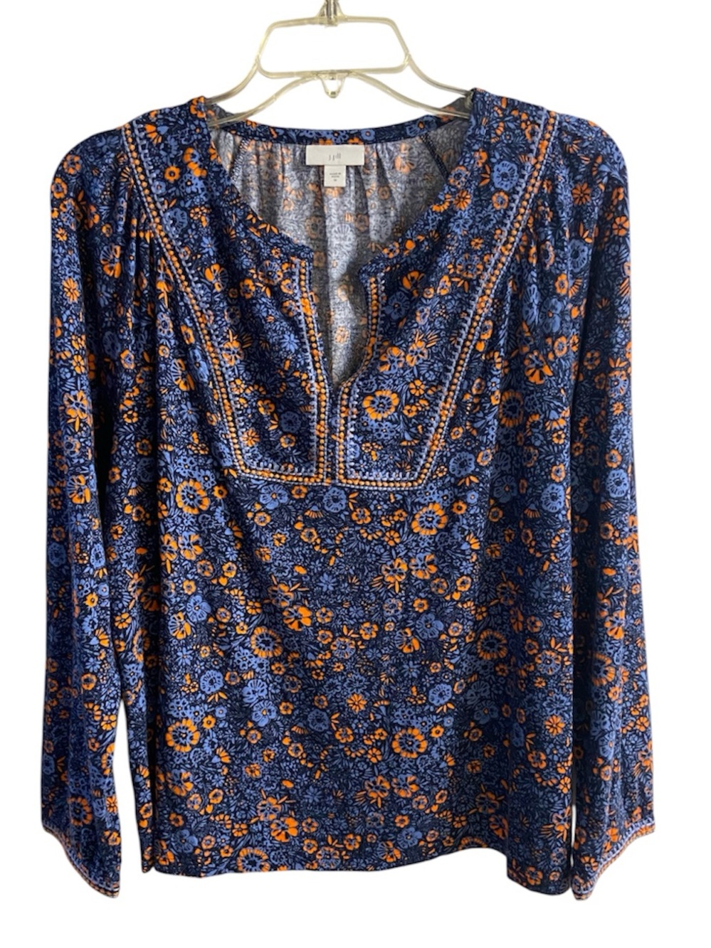J. Jill Floral Print Split Neck Blouse Blue Orange Boho Peasant Top Size M